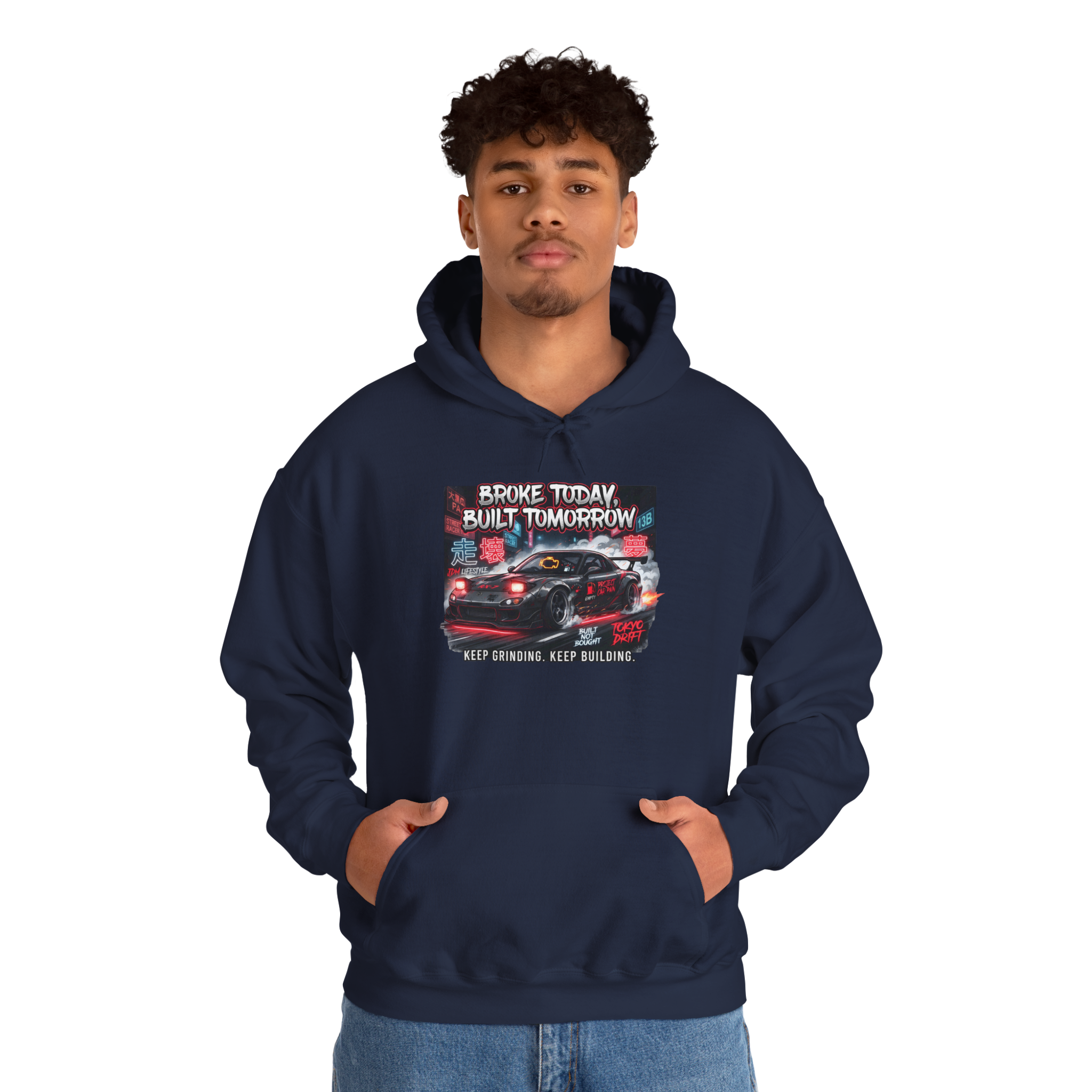 Hoodie — 'Broke Today, Built Tomorrow' Racing Car Motivational Hoodie